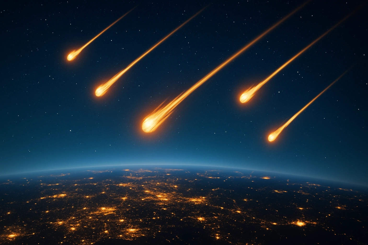 Chuva de meteoros com bolas de fogo riscando um céu noturno limpo, vista do espaço. A base da imagem mostra o planeta Terra iluminado por luzes de cidades, destacando o contraste entre o brilho dos meteoros e a escuridão do espaço.