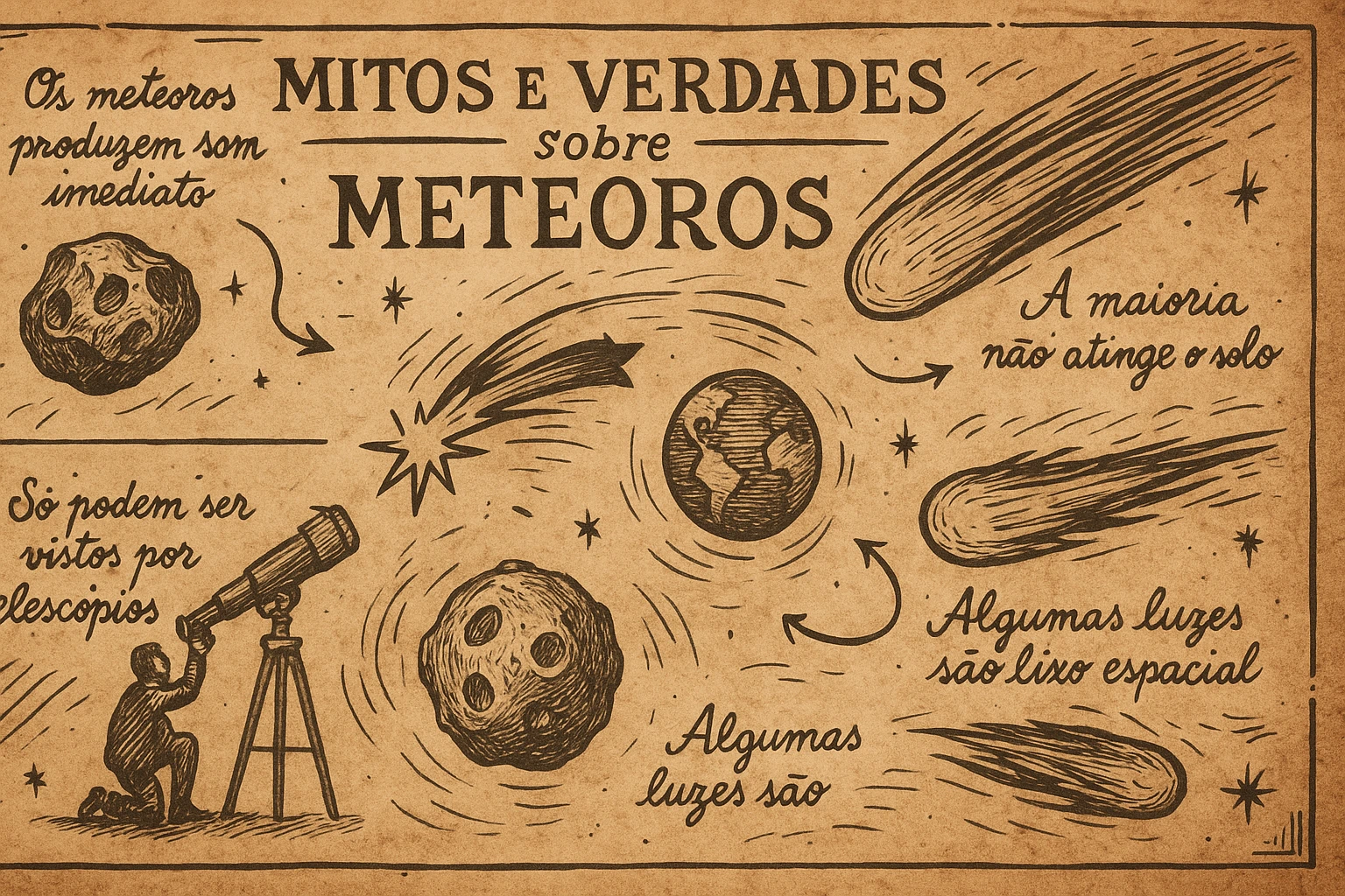 Ilustração manuscrita em estilo vintage, com tons de cobre e grafite escuro, representando mitos e verdades sobre meteoros. O desenho mostra meteoros, telescópios, a Terra, fragmentos espaciais e frases como “A maioria não atinge o solo”, “Algumas luzes são lixo espacial” e “Só podem ser vistos por telescópios”, destacando as confusões mais comuns sobre o fenômeno.