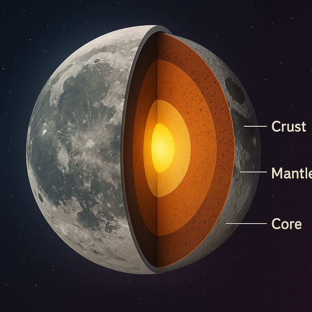 Ilustração seccionada da Lua mostrando crosta, manto e núcleo com fundo escuro espacial"
