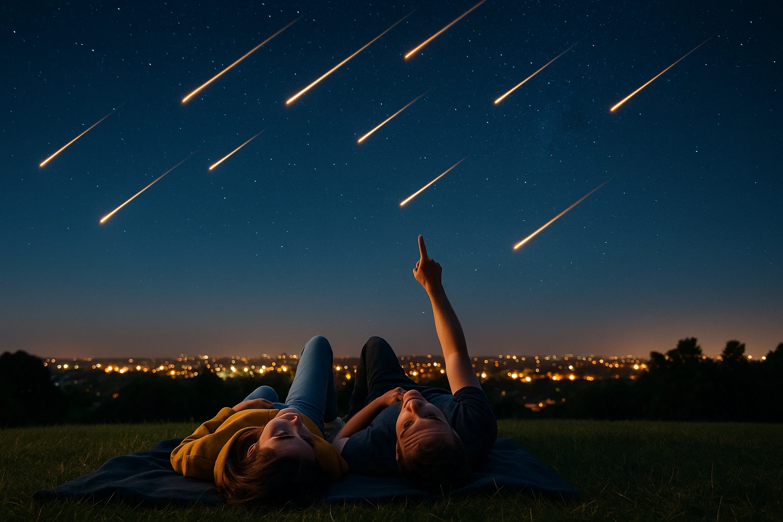 Casal jovem deitado sobre uma toalha fina em um gramado, observando uma chuva de meteoros no céu limpo e estrelado. Ao fundo, as luzes de uma cidade criam um brilho suave no horizonte, enquanto meteoros riscam o céu com rastros luminosos.