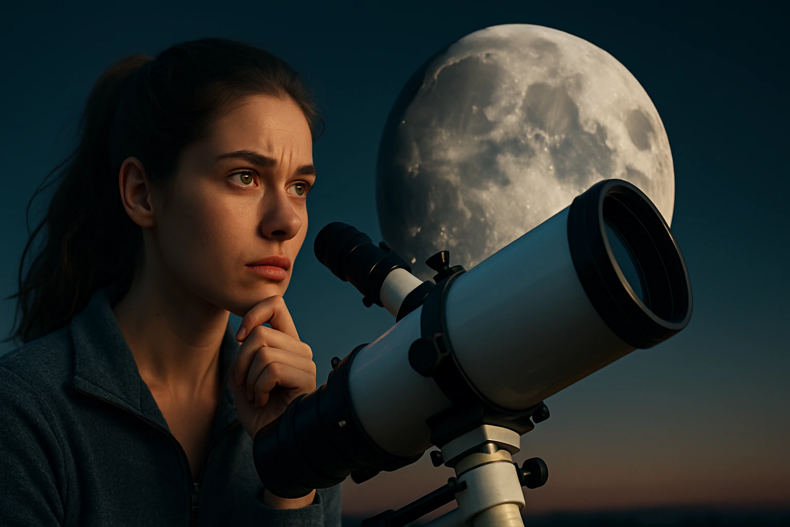 Imagem ultrrealista d euma mulher com telescopio avancado e imagem da luca cheia ao fundo, o que sabemos sobre satelites naturais?