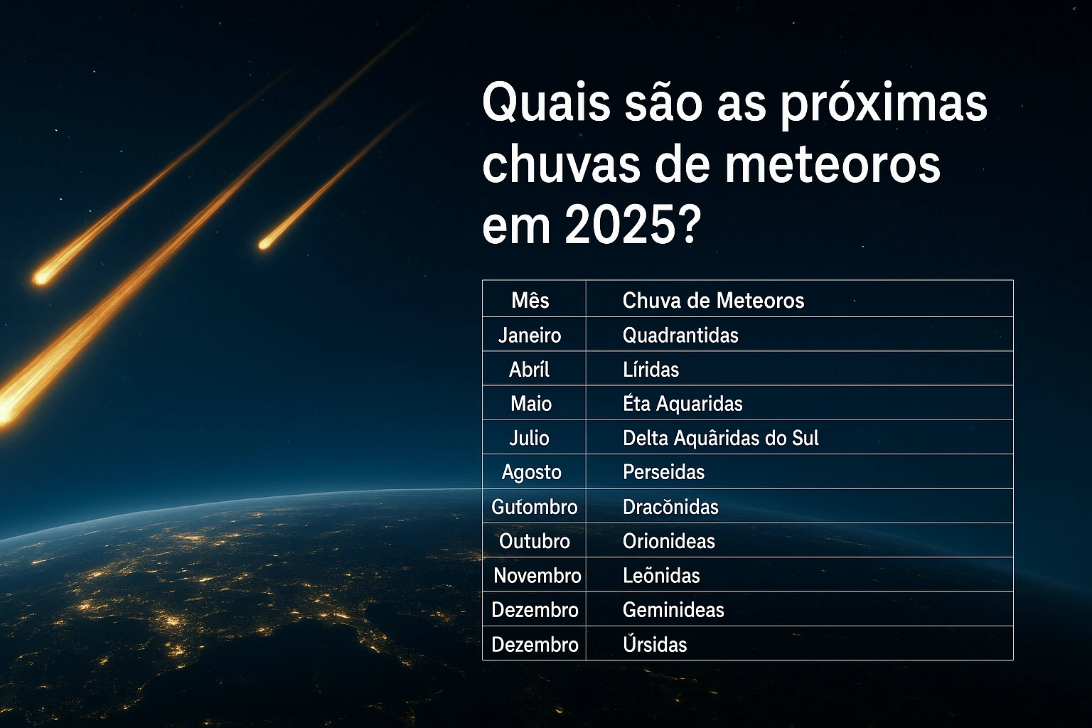 Gráfico digital mostrando três meteoros brilhantes riscando o céu noturno, com o planeta Terra iluminado por luzes urbanas na base. À direita, um calendário mês a mês com os principais eventos de chuvas de meteoros de 2025, incluindo Quadrântidas, Líridas, Perseidas e Geminídeas.