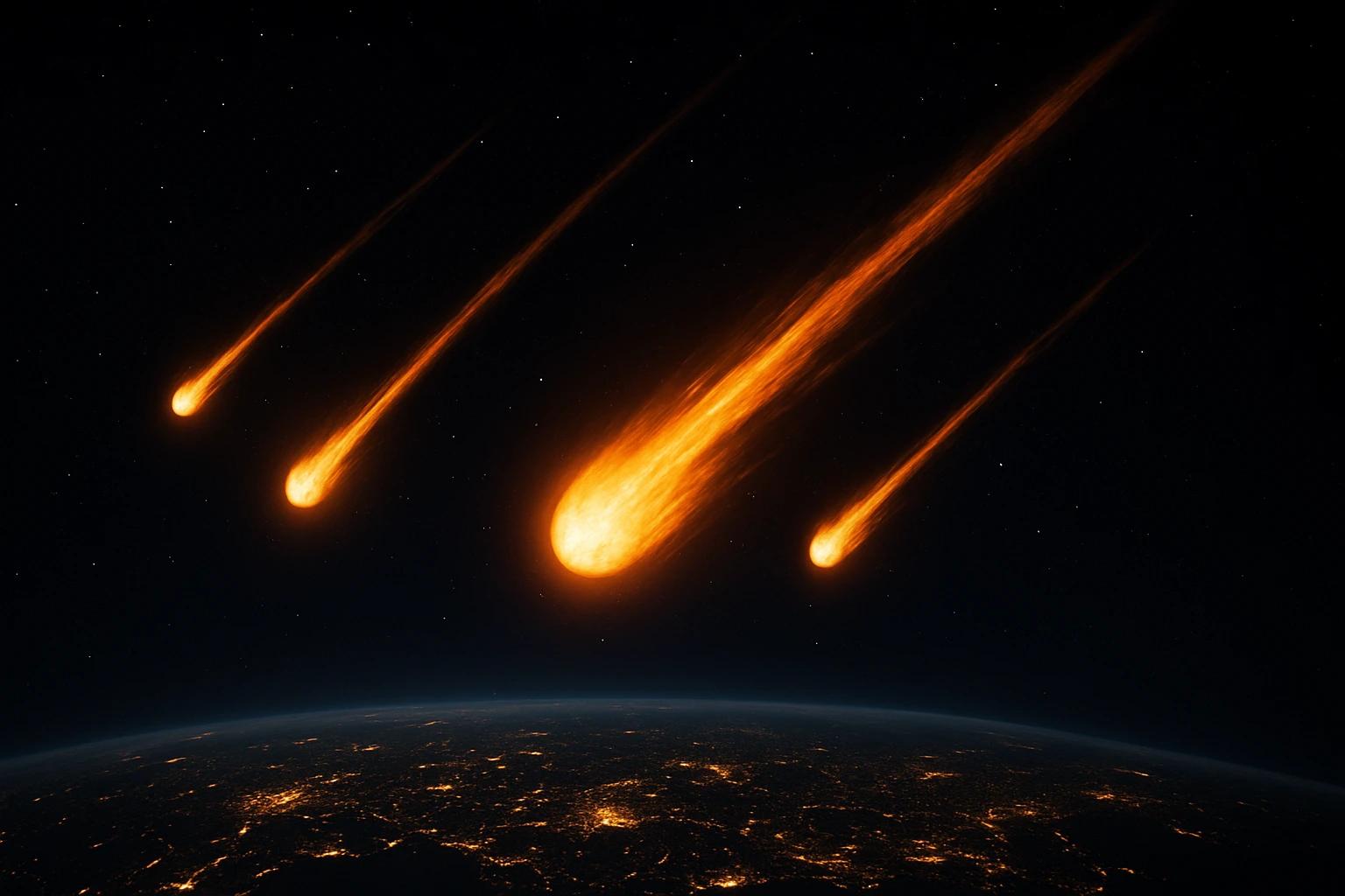 Imagem digital mostrando quatro meteoros (bolas de fogo) atravessando o céu noturno com rastros brilhantes, acima do planeta Terra visto do espaço. A superfície terrestre está parcialmente iluminada por luzes urbanas, criando um contraste sutil com o fundo negro do espaço.